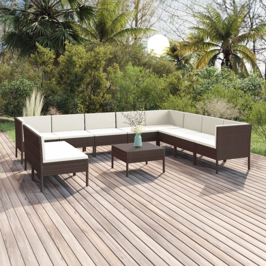 11-delige Loungeset met kussens poly rattan bruin