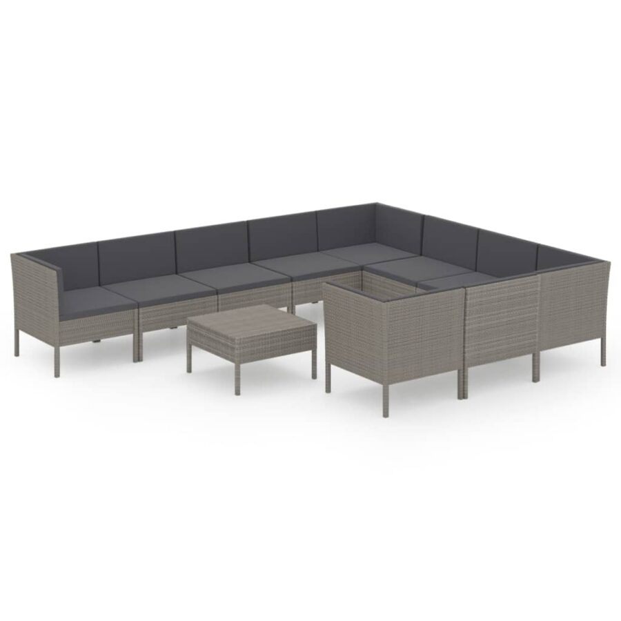 11-delige Loungeset met kussens poly rattan grijs - Afbeelding 2