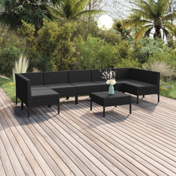8-delige Loungeset met kussens poly rattan zwart