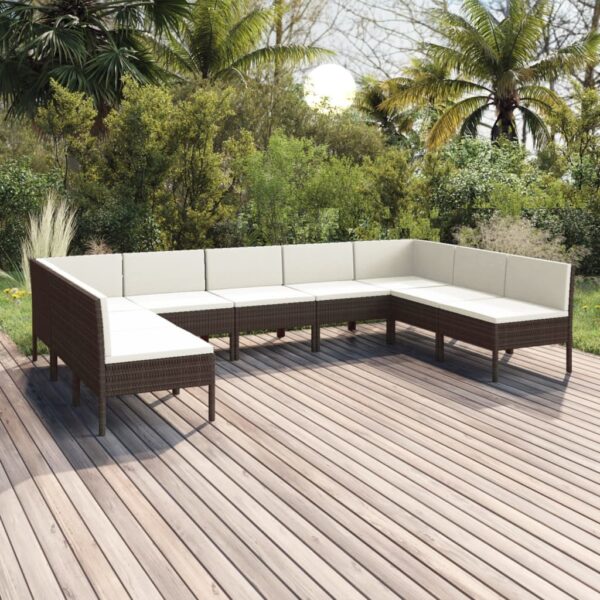 9-delige Loungeset met kussens poly rattan bruin