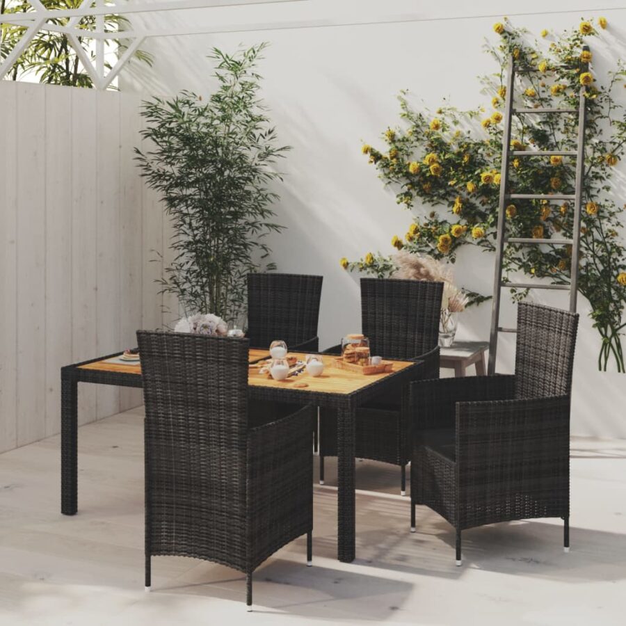 5-delige Tuinset met kussens poly rattan zwart