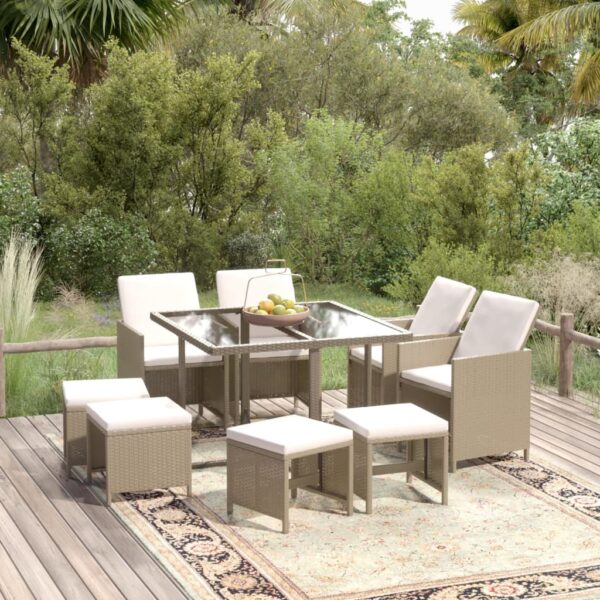 9-delige Tuinset met kussens poly rattan beige