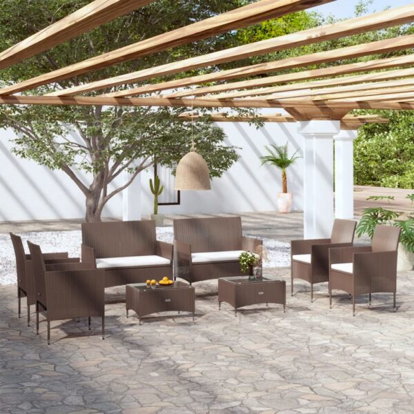8-delige Loungeset met kussens poly rattan bruin