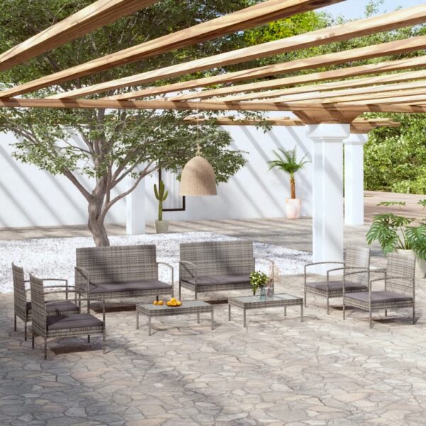 8-delige Loungeset met kussens poly rattan grijs