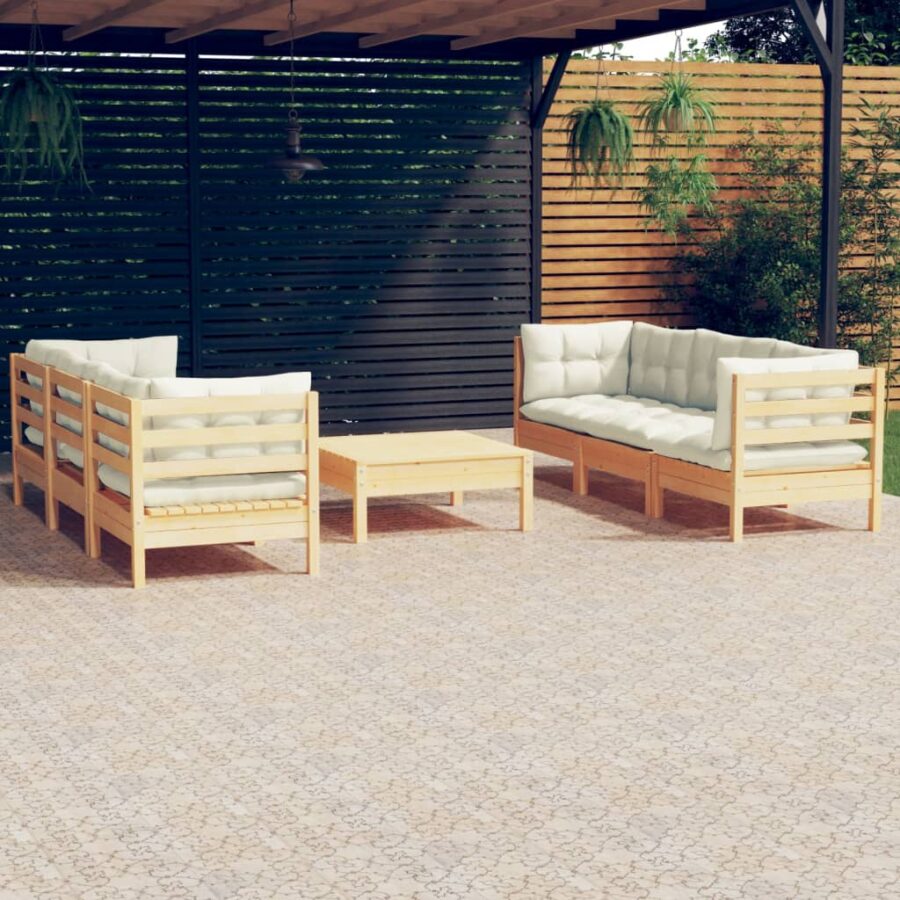7-delige Loungeset met crèmekleurige kussens grenenhout