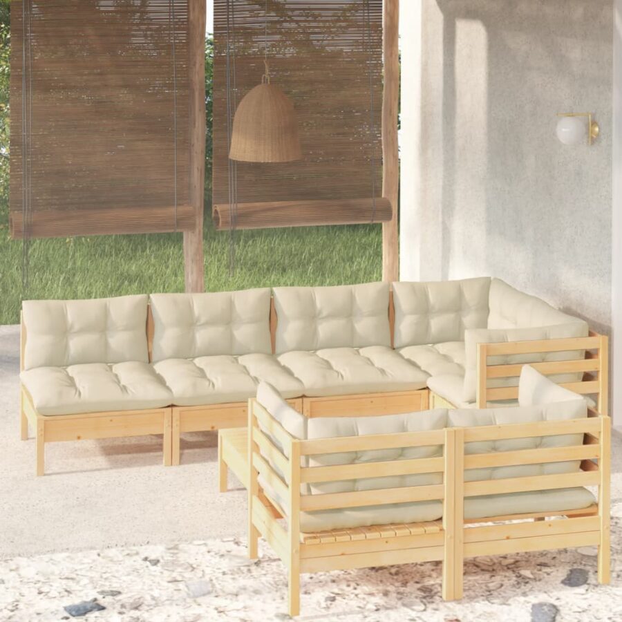8-delige Loungeset met crèmekleurige kussens massief grenenhout