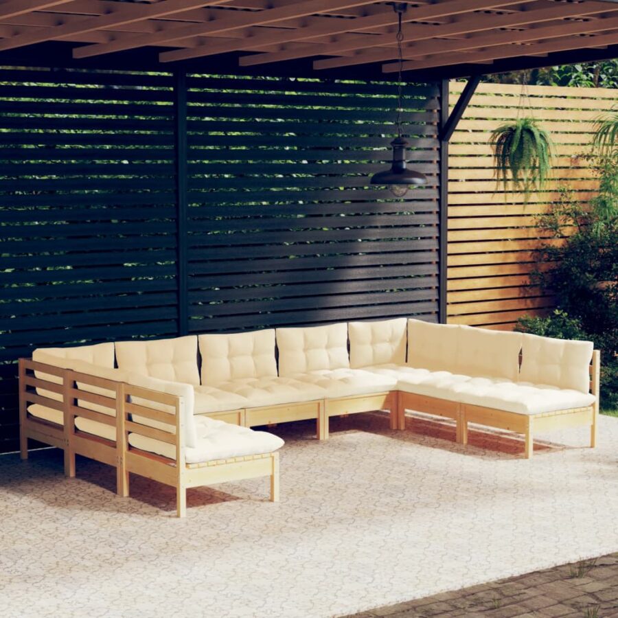 9-delige Loungeset met crèmekleurige kussens massief grenenhout