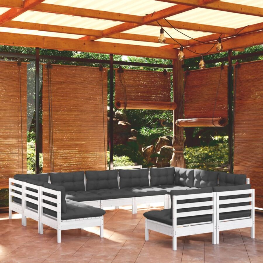 11-delige Loungeset met kussens massief grenenhout wit