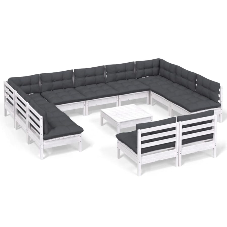 12-delige Loungeset met kussens massief grenenhout wit - Afbeelding 2
