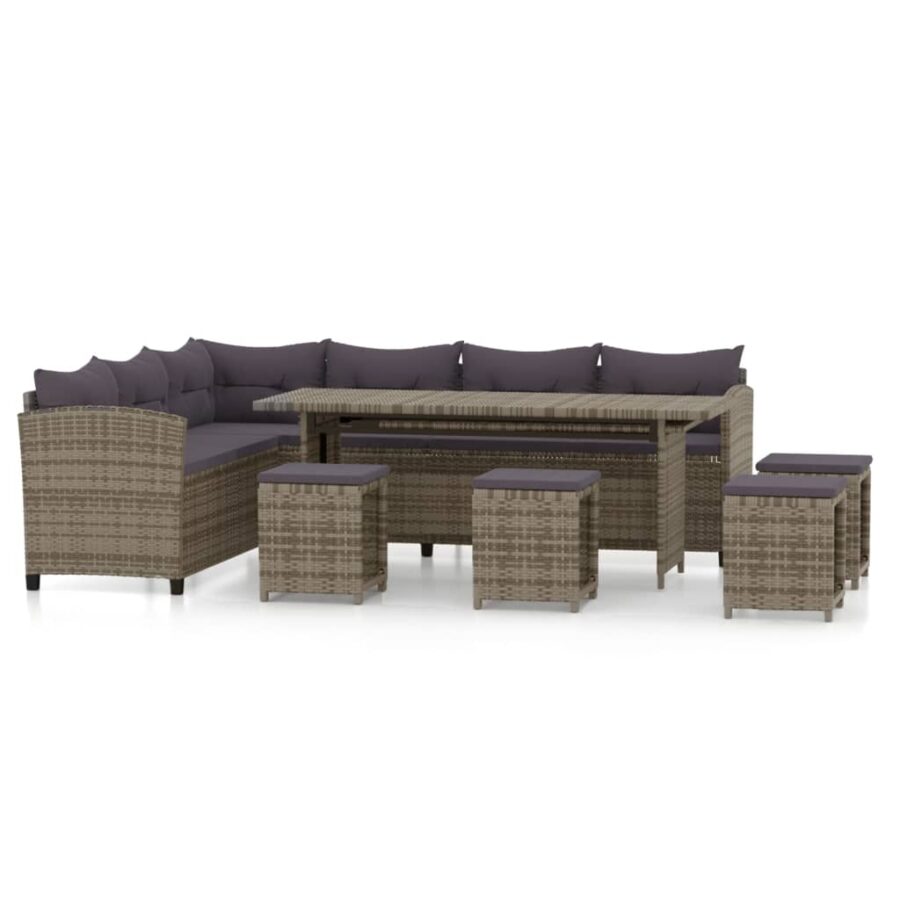 6-delige Loungeset met kussens poly rattan grijs - Afbeelding 2