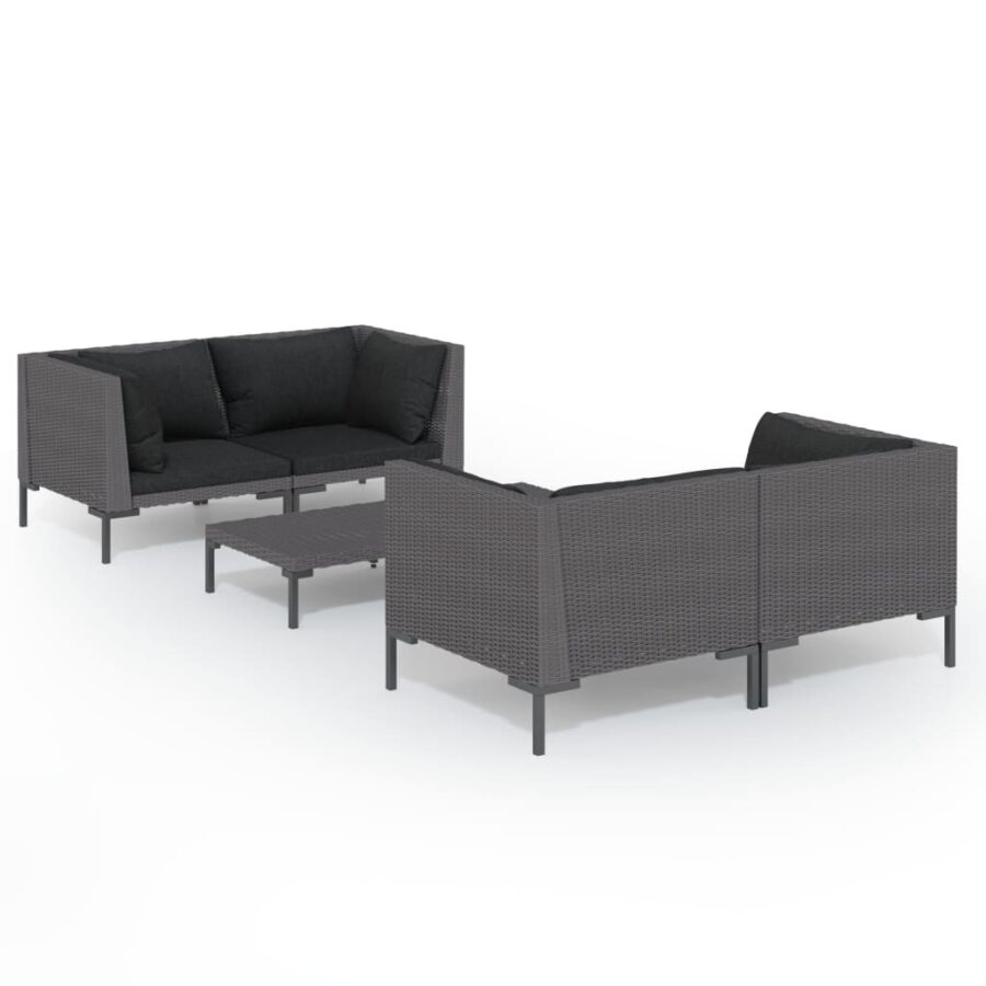 5-delige Loungeset met kussens poly rattan donkergrijs - Afbeelding 2