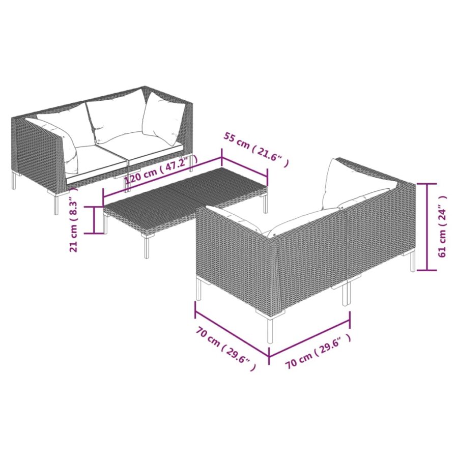 5-delige Loungeset met kussens poly rattan donkergrijs - Afbeelding 7