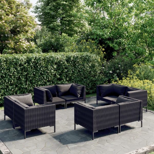 8-delige Loungeset met kussens poly rattan donkergrijs