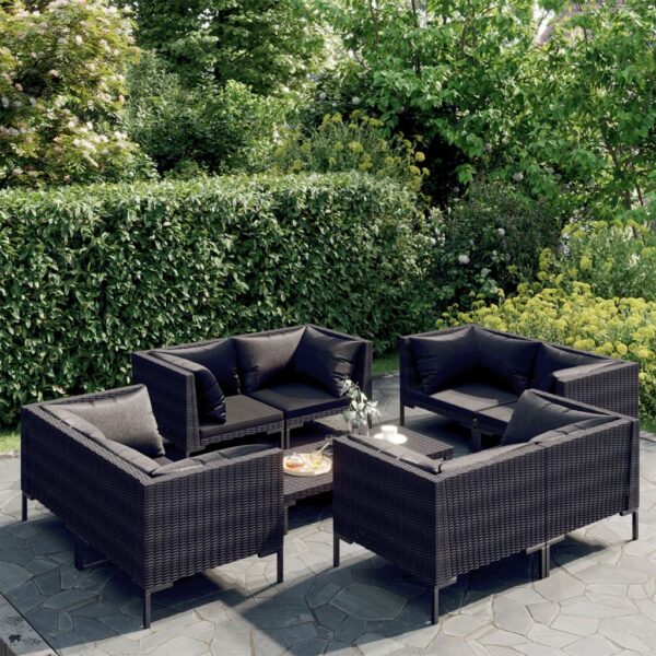 9-delige Loungeset met kussens poly rattan donkergrijs