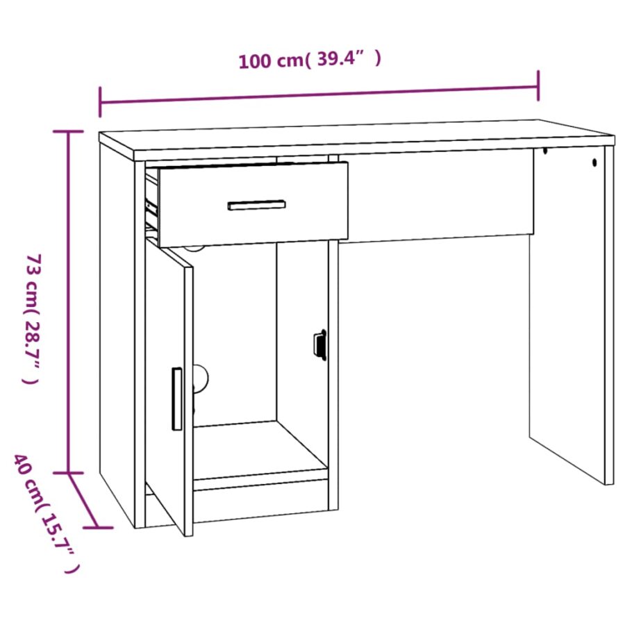 Bureau met kast en lade 100x40x73 cm bewerkt hout betongrijs - Afbeelding 9