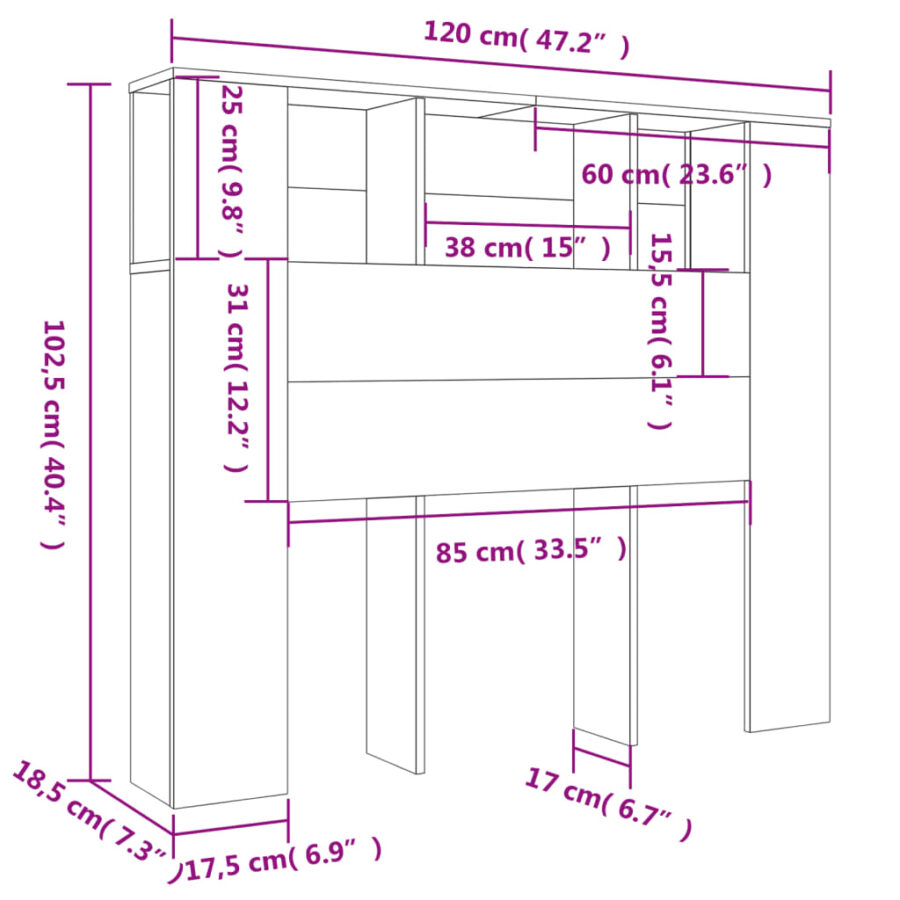 Hoofdbordkast 120x18,5x102,5 cm betongrijs - Afbeelding 6