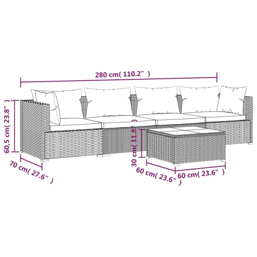 5-delige Loungeset met kussens poly rattan bruin - Afbeelding 9