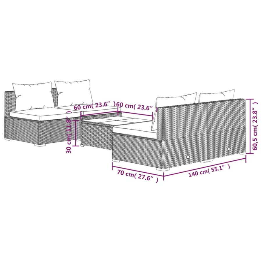 5-delige Loungeset met kussens poly rattan bruin - Afbeelding 7