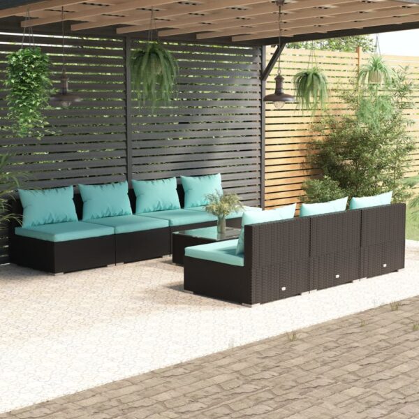 8-delige Loungeset met kussens poly rattan zwart