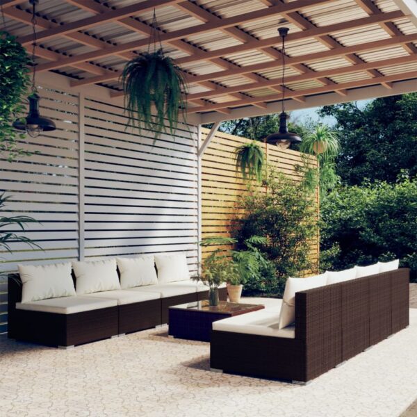 9-delige Loungeset met kussens poly rattan bruin