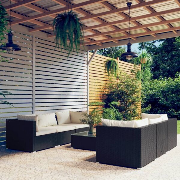 7-delige Loungeset met kussens poly rattan zwart