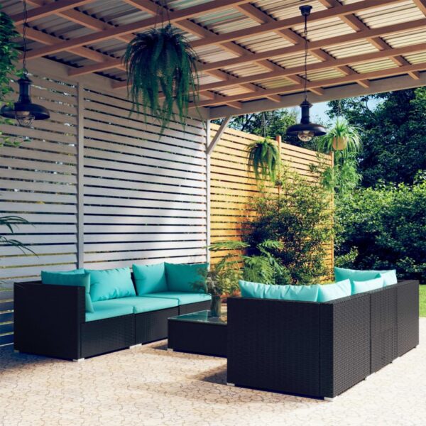 7-delige Loungeset met kussens poly rattan zwart