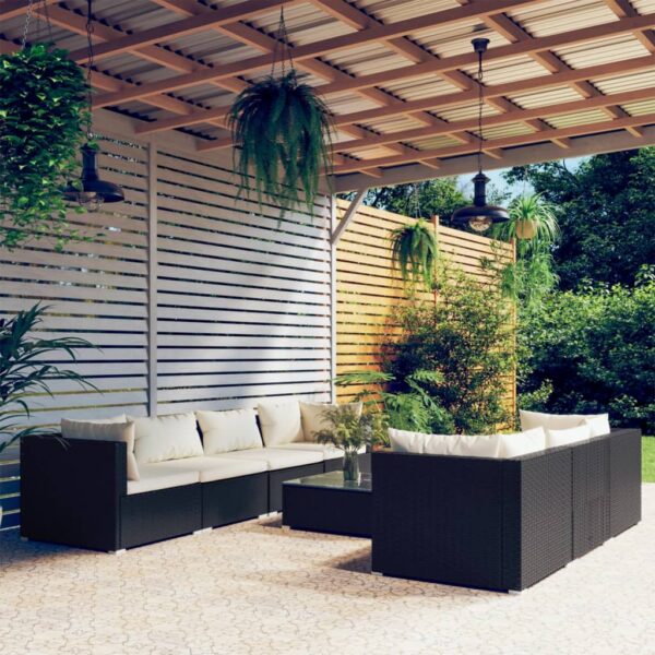 8-delige Loungeset met kussens poly rattan zwart