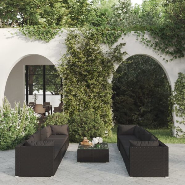 9-delige Loungeset met kussens poly rattan zwart