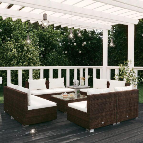 9-delige Loungeset met kussens poly rattan bruin