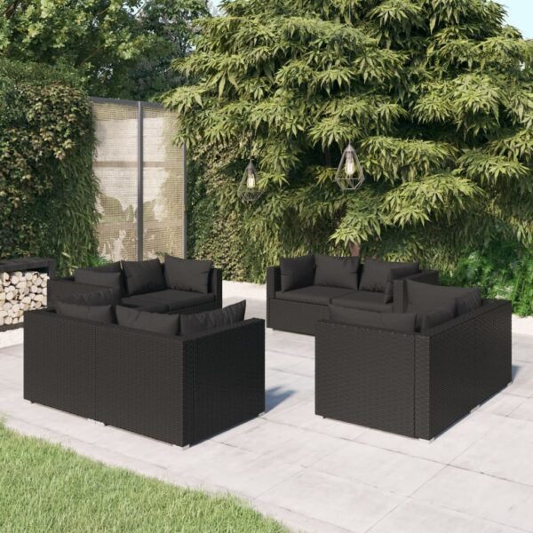 8-delige Loungeset met kussens poly rattan zwart