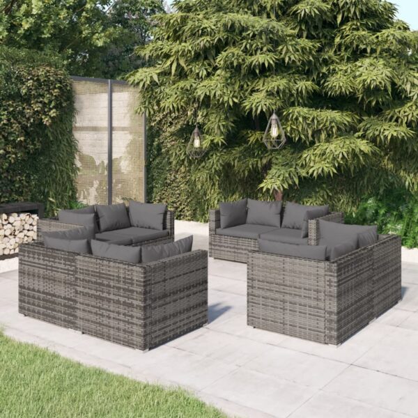 8-delige Loungeset met kussens poly rattan grijs