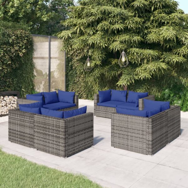 8-delige Loungeset met kussens poly rattan grijs