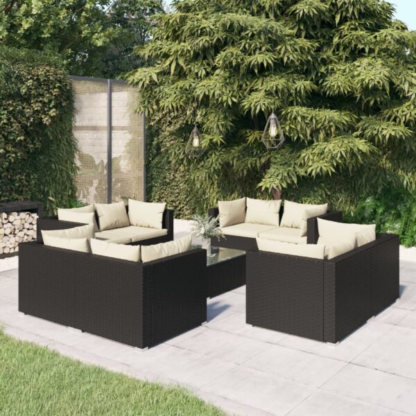 9-delige Loungeset met kussens poly rattan zwart