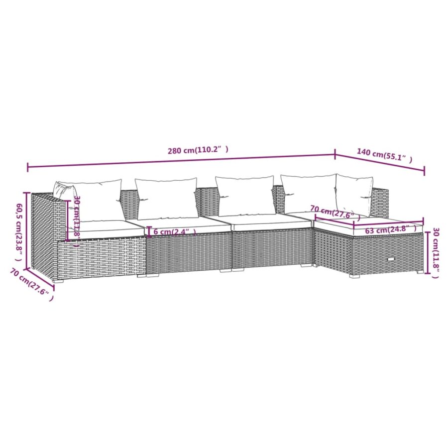 5-delige Loungeset met kussens poly rattan grijs - Afbeelding 6