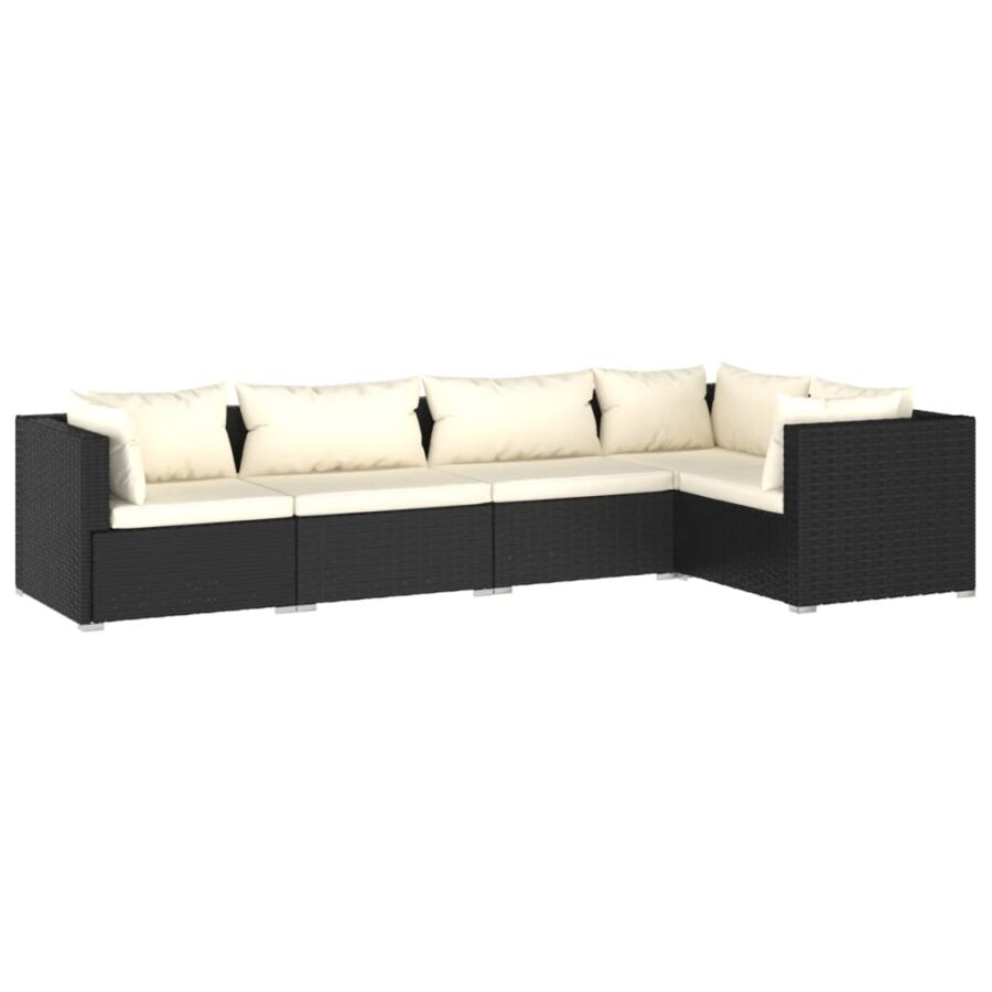 5-delige Loungeset met kussens poly rattan zwart - Afbeelding 2