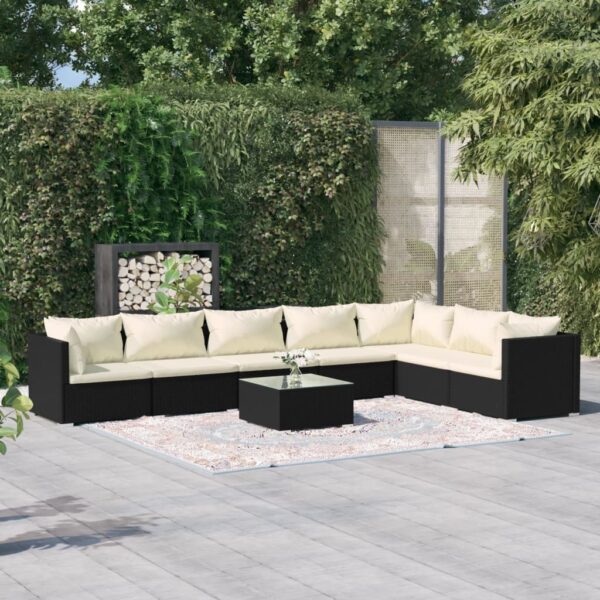 8-delige Loungeset met kussens poly rattan zwart