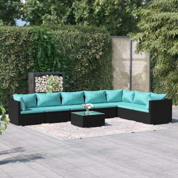 8-delige Loungeset met kussens poly rattan zwart