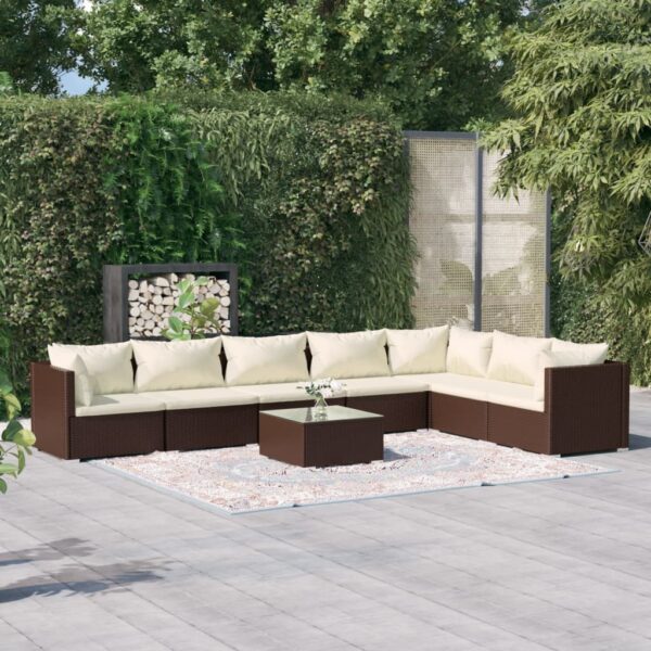 8-delige Loungeset met kussens poly rattan bruin
