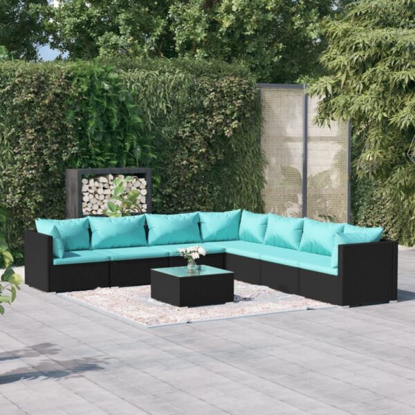 8-delige Loungeset met kussens poly rattan zwart