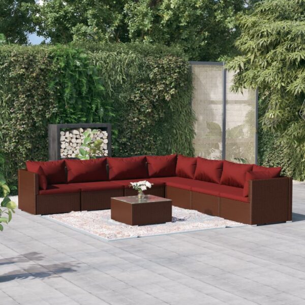 8-delige Loungeset met kussens poly rattan bruin