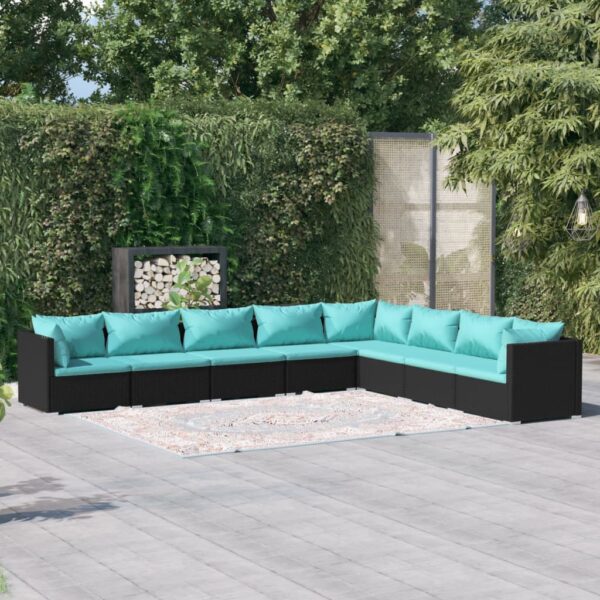 8-delige Loungeset met kussens poly rattan zwart