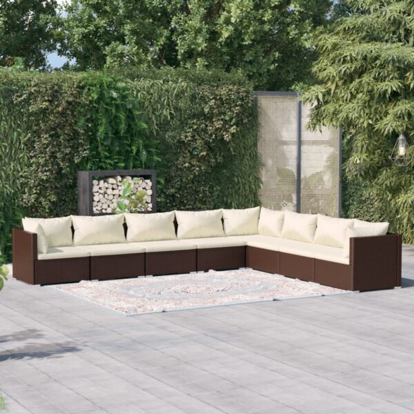 8-delige Loungeset met kussens poly rattan bruin