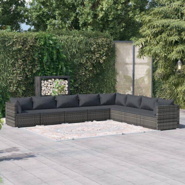 8-delige Loungeset met kussens poly rattan grijs