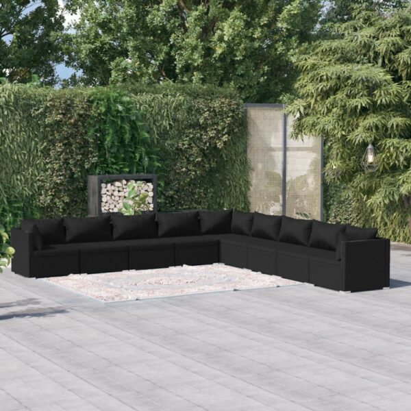 9-delige Loungeset met kussens poly rattan zwart