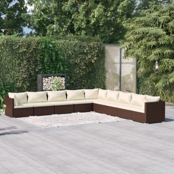 9-delige Loungeset met kussens poly rattan bruin