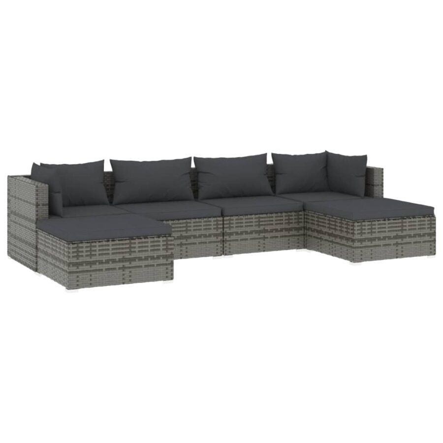 6-delige Loungeset met kussens poly rattan grijs - Afbeelding 2