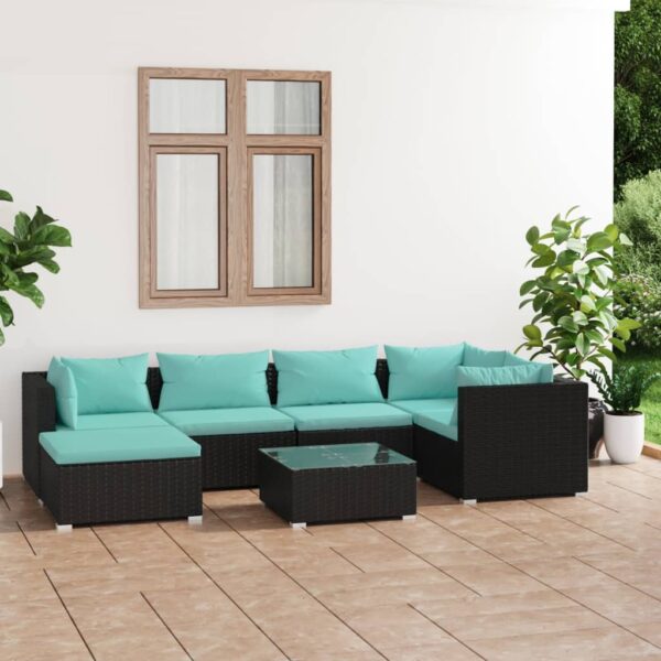 7-delige Loungeset met kussens poly rattan zwart