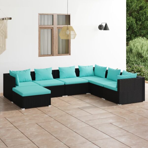 7-delige Loungeset met kussens poly rattan zwart