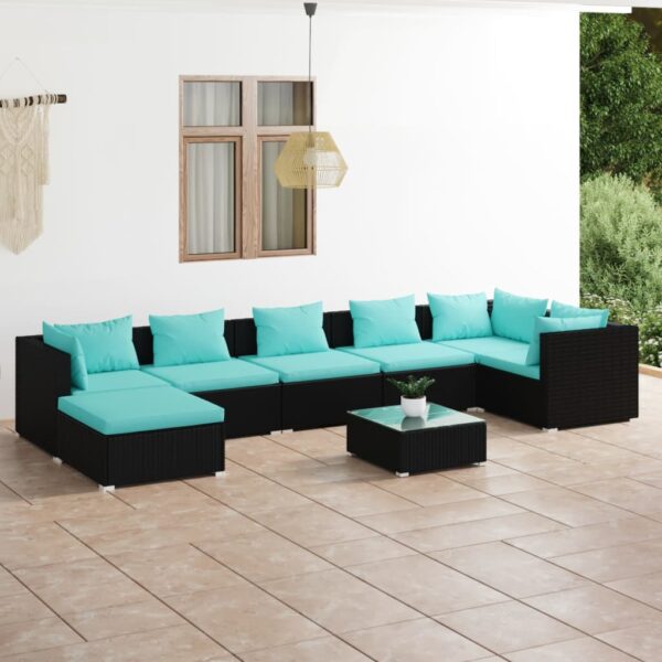 8-delige Loungeset met kussens poly rattan zwart