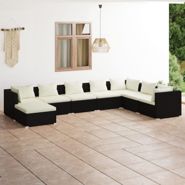 8-delige Loungeset met kussens poly rattan zwart